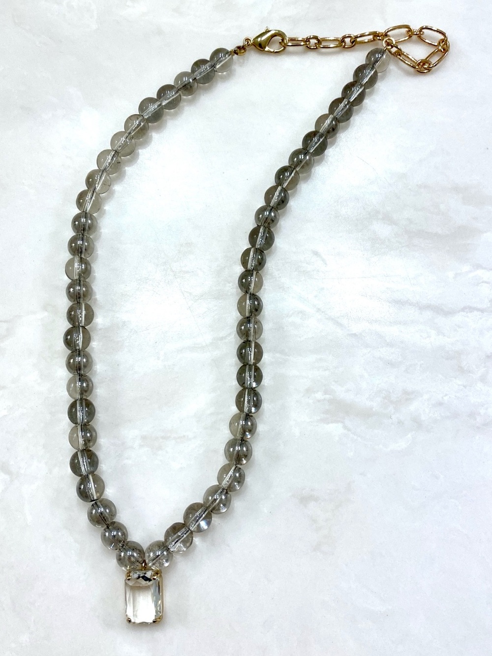 Smokey Grey Beaded Necklace with Rectangular Clear Pendant - Picture 2 of 4